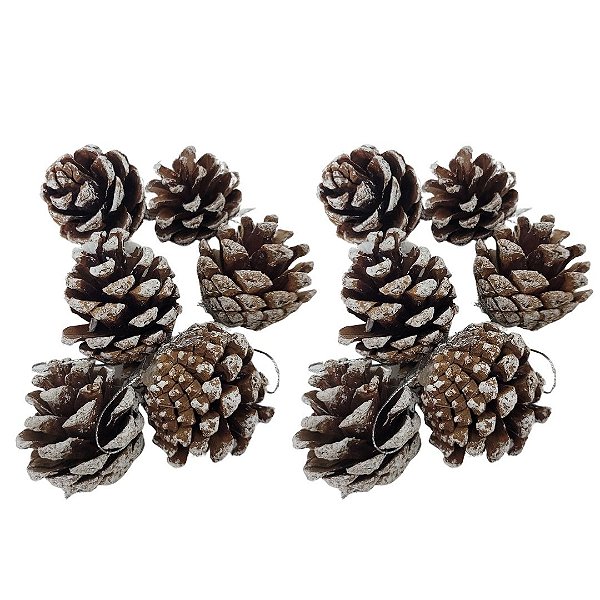 Conjunto 12 Pinhas Natural de Natal Branca Nevada 4cm Decorativa - Magizi