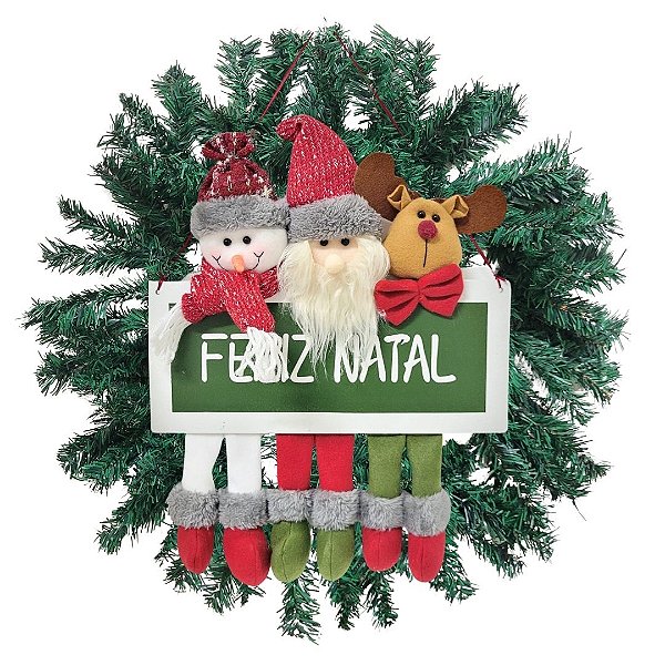 Guirlanda Decorada 50cm Placa Madeira Feliz Natal Trio Pelúcia - Master Christmas