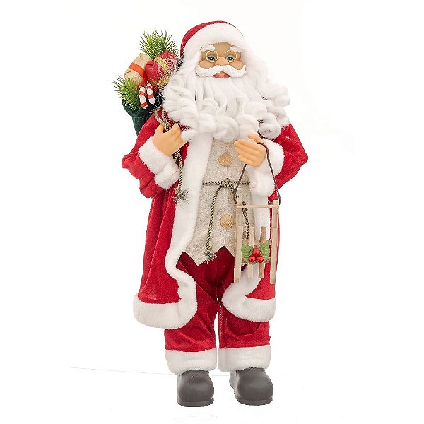 Papai Noel Decorativo Casaco Vermelho Veludo e Barba Luxo Ski Madeira 60cm - Bela Flor