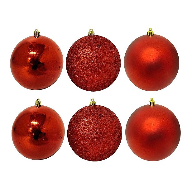 Jogo 6 Bolas Natal Vermelho Mistas Glitter, Fosca e Lisa Grande 10cm - Bela Flor