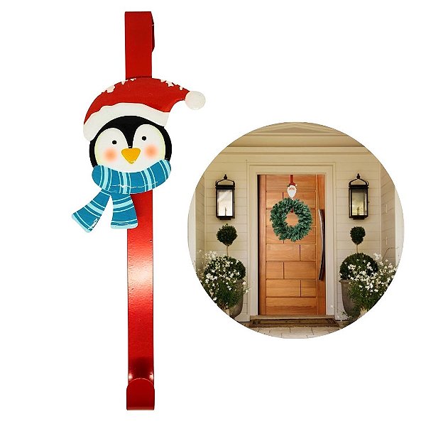 Gancho Suporte Para Guirlanda Encaixe Porta Metal Pinguim Natal 37cm - Master Christmas