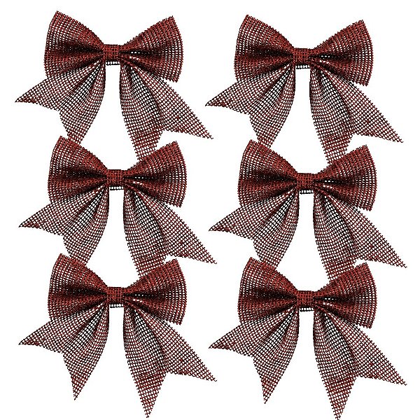 Jogo 6 Laços Telado Glitter e Lantejoula Vermelho Natal 10cm - Magizi