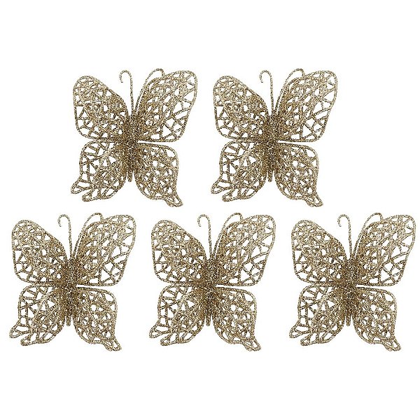 Jogo 5 Borboletas Arabesco Vazado Glitter Champanhe Luxo 8cm - Bela Flor