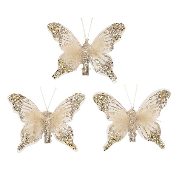 Kit 3 Borboletas Decoradas Glitter Champanhe Plumas Luxo 12cm - Magizi