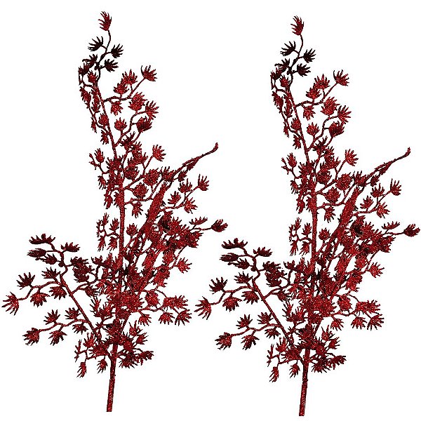 Jogo 2 Galhos Decorativo Natal Geada Glitter Vermelho Luxo 50cm - Bela Flor