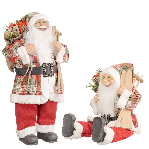 Jogo Papai Noel Decor Casaco Xadrez Em pé e Sentado Saco de Presentes e Ski 60cm e 45cm - Bela Flor