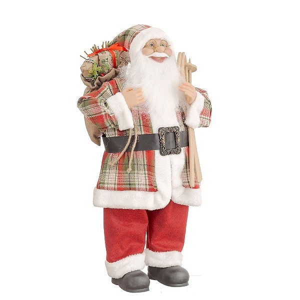 Papai Noel Decorativo Casaco Xadrez com Saco de Presentes e Ski 60cm - Bela Flor