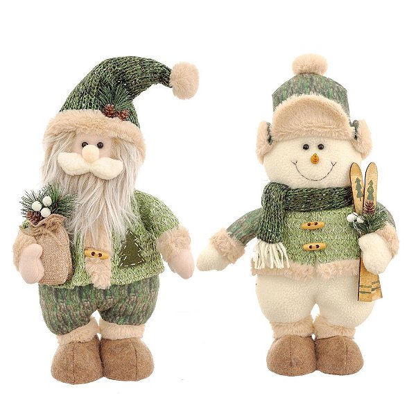 Jogo Papai Noel e Boneco de Neve Decor Pelúcia Luxo Crochê Creme e Verde  - Bela Flor