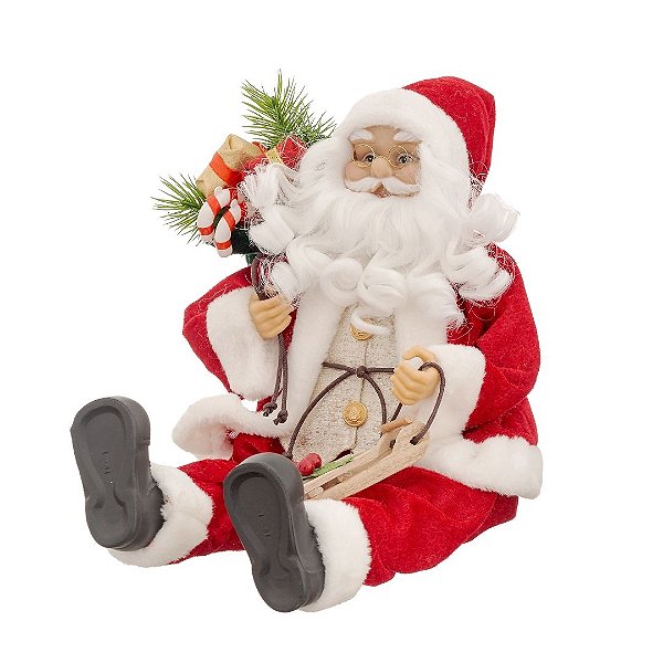 Papai Noel Decorativo Sentado Casaco Vermelho Saco de Presentes e Ski 45cm - Bela Flor