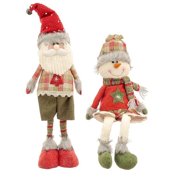 Jogo Papai Noel Em pé e Boneco de Neve Sentado Pelúcia Prime 56cm Xadrez Verde e Vermelho - Bela Flor