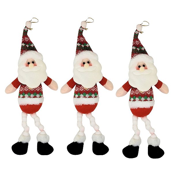 Kit 3 Papai Noel Pelúcia Pendente Perna Algodão 38cm - Master Chirtmas