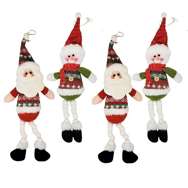 Kit Papai Noel e Boneco de Neve Pelúcia Pendente Perna Algodão 38cm 4 Peças - Master Chirtmas