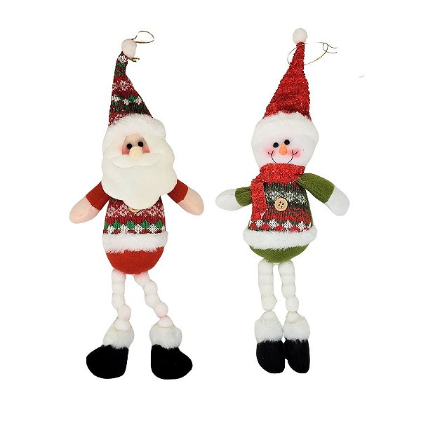 Jogo Papai Noel e Boneco de Neve Pelúcia Pendente Perna Algodão 38cm - Master Chirtmas