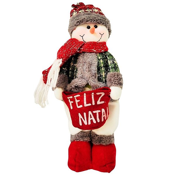 Boneco de Neve Decorativo com Saco Porta Objetos Feliz Natal Verde e Vermelho 40cm - Master Christmas
