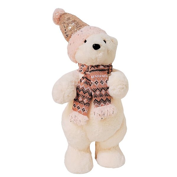 Urso Decorativo Pelúcia Creme e Rosê Cachecol Crochê e Gorro Lantejoulas 40cm - Master Christmas
