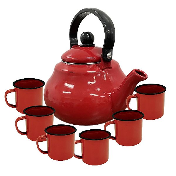 Conjunto Esmaltado Chaleira  Vermelho 1500ml  6 Mini Canecas