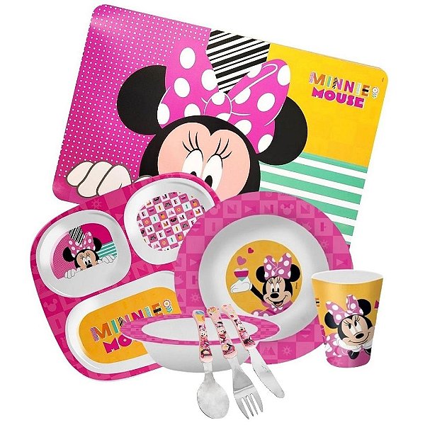 Kit Refeição Infantil Minnie 8 Peças Pratos, Tigela, Copo, Lugar Americano e Talheres - Tuut