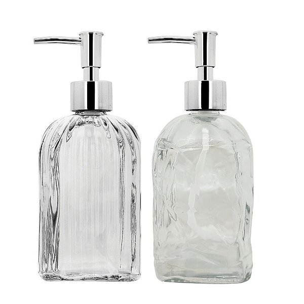 Kit Banheiro Porta Sabonete Líquido Vidro Clear Geo 500ml 2 Unidades - Tuut