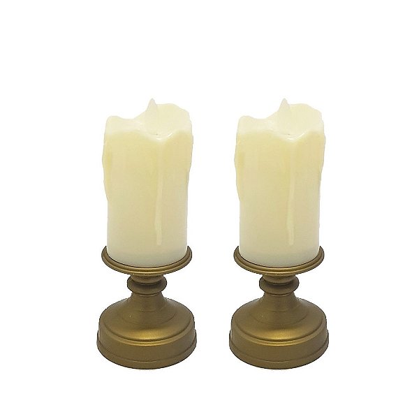 Jogo 2 Velas Eletrônica LED Castiçal Ouro Envelhecido 13cm Efeito Moving - Bela Flor