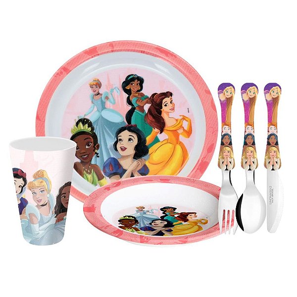 Kit Refeição Infantil Princesas Disney 6 Peças Prato, Tigela, Copo e Talheres - Tuut