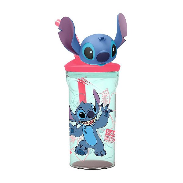 Copo Com Canudo Acrílico Tampa Stitch Disney 3D Emborrachado 360ml - Tuut
