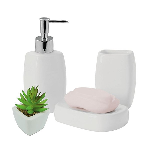 Conjunto Para Banheiro Porcelana Branca e Mini Vaso Suculenta 4 Peças - Tuut