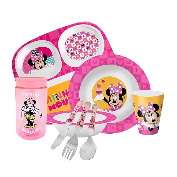 Kit Refeição Infantil Minnie 8 Peças Pratos, Tigela, Copo Melamina e Talheres Inox - Tuut