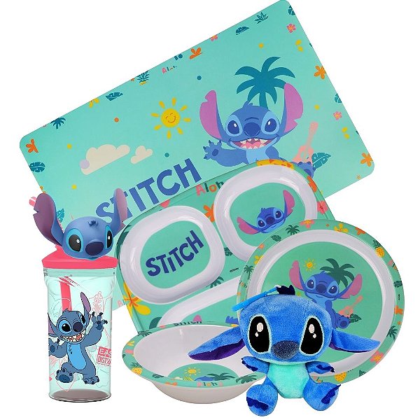 Jogo Refeição Infantil Melamina Stitch Disney 6 Peças Com Pelúcia - Tuut