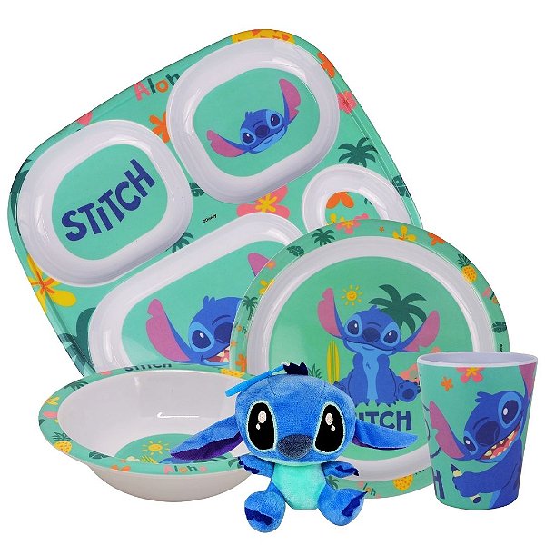 Jogo Refeição Infantil Melamina Stitch Disney Pratos, Tigela, Copo e Pelúcia - Tuut