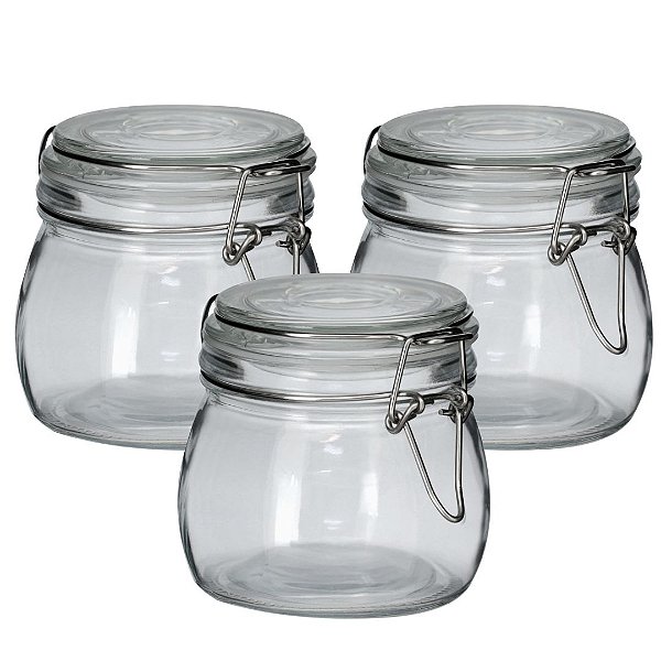 Kit 3 Potes Hermético Vidro Redondo Trava Metal Plus 500ml - Tuut