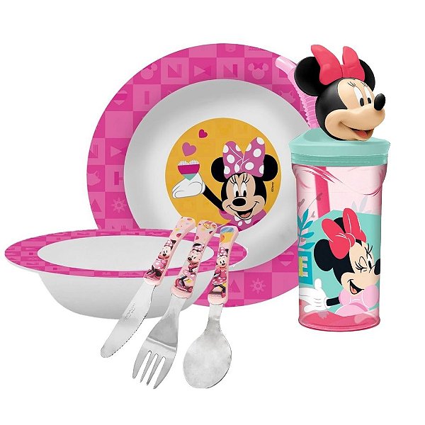 Kit Refeição Infantil Minnie Disney 6 Peças Prato, Tigela, Copo 3D e Talheres - Tuut