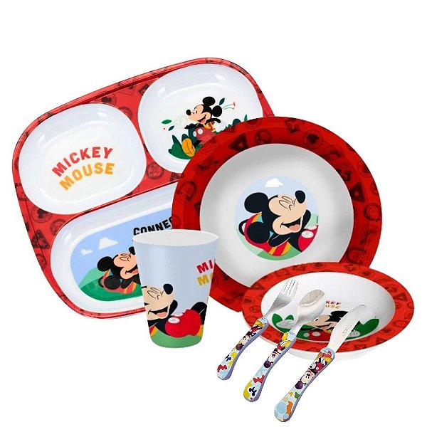 Kit Refeição Infantil Melamina Mickey Disney 7 Peças Pratos, Tigela e Copo Melamina - Tuut