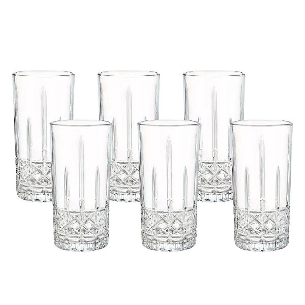 Jogo 6 Copos Vidro Lily Alto-Relevo Long Drink 280ml - Lehaví