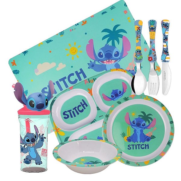 Jogo Refeição Infantil Melamina Stitch Disney 8 Peças Com Talheres Inox - Tuut