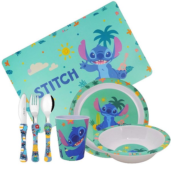 Jogo Refeição Infantil Melamina Stitch Disney 7 Peças Incluso Talheres Inox - Tuut