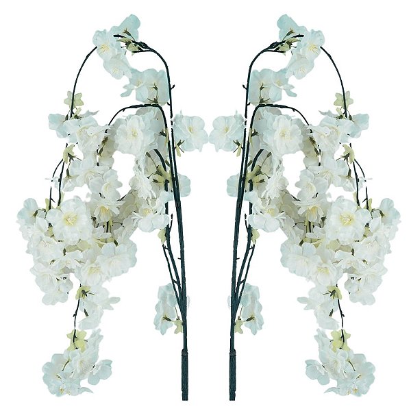 Jogo 2 Hastes Flor de Cerejeira Artificial Branca Pendente Luxo 50cm - MC Flores