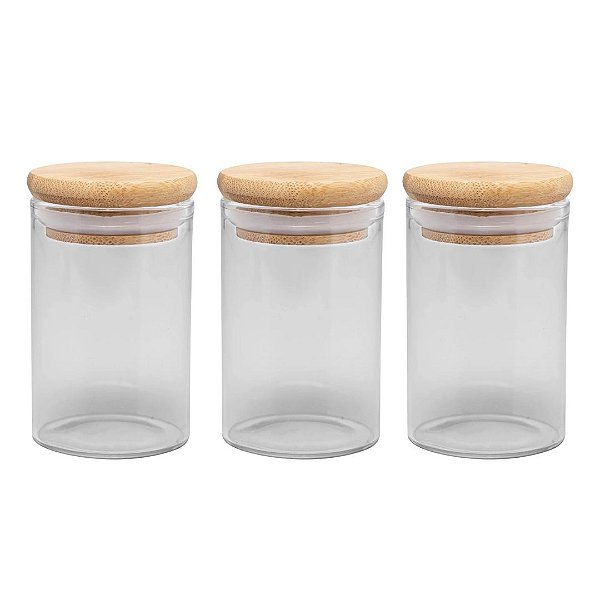 Jogo 3 Porta Mantimento Vidro Borossilicato Tampa Hermética Bambu 90ml - Wolff