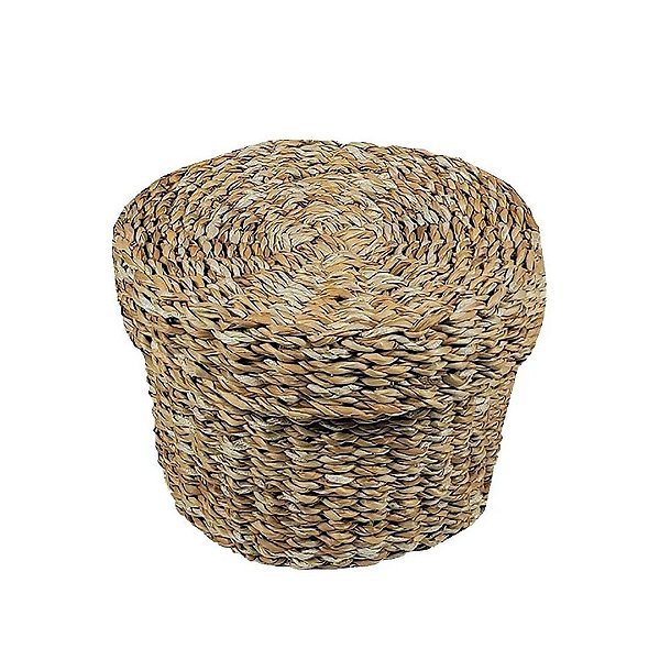 Cesto Fibra Natural Redondo com Tampa Seagrass Trançado Carajas 32cm - Jolitex