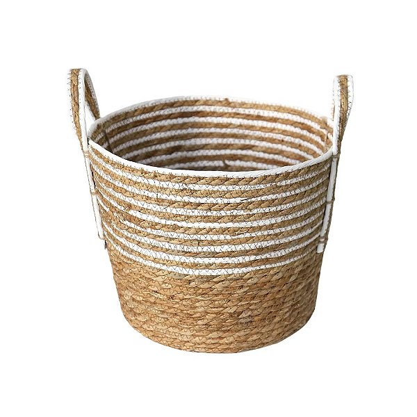 Cesto Fibra Natural Palha e Branco com Alça 26cm x 20cm - Paramount