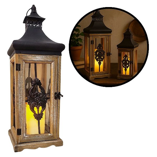 Lanterna Decorativa Iluminada Madeira e Ferro Rústico Com Vela LED 37cm - Empório Decor
