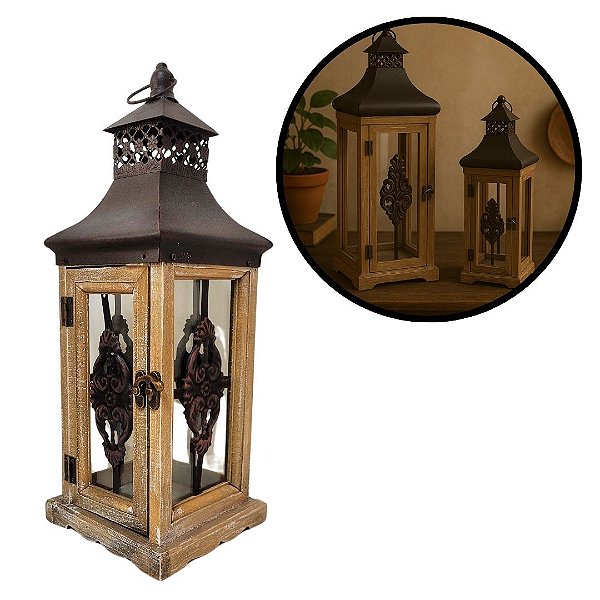 Lanterna Decorativa Madeira e Ferro Rústico Prime 37cm x 14cm - Empório Decor