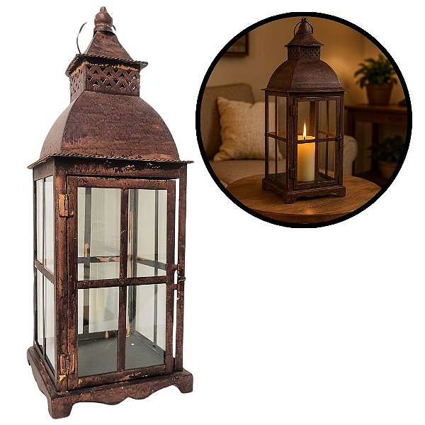 Lanterna Decorativa Ferro Envelhecido Rústico e Vidro 52cm x 19cm - Empório Decor