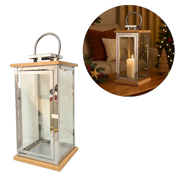 Lanterna Decorativa Luxo Inox e Madeira Prime 46cm x 18cm - Empório Decor