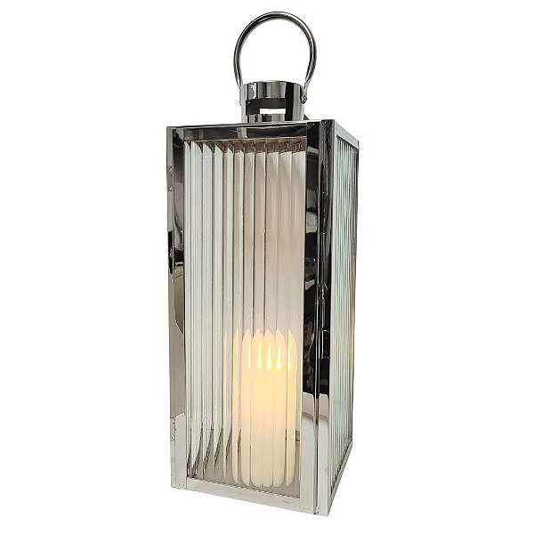 Lanterna Decorativa Iluminada Inox e Vidro Canelado Luxo 40cm e Vela LED - Mabruk