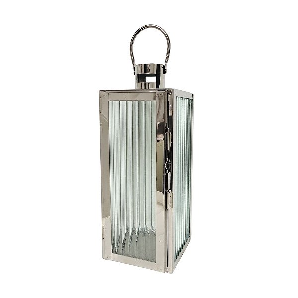 Lanterna Decorativa Inox e Vidro Canelado Luxo 38cm x 13cm - Mabruk