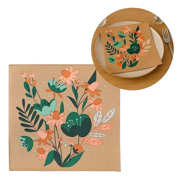 Guardanapo Estampado Flores Verde e Laranja Folhas Duplas 33cm 20 Folhas - Tuut