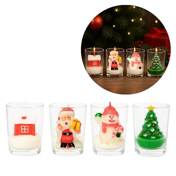 Conjunto 4 Mini Velas Natalinas Decorativas 3D com Castiçal Vidro Papai Noel, Boneco de Neve, Pinheiro e Casa