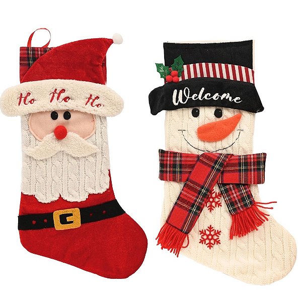 Jogo 2 Meias Natalina Pelúcia Tricô Premium Boneco de Neve e Papai Noel 46cm - Magizi
