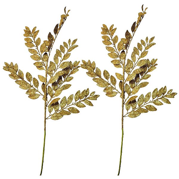 Kit 2 Galhos Haste Folhagem Natalina Decorativa Dourado Glitter Brilhante 45cm - Bela Flor