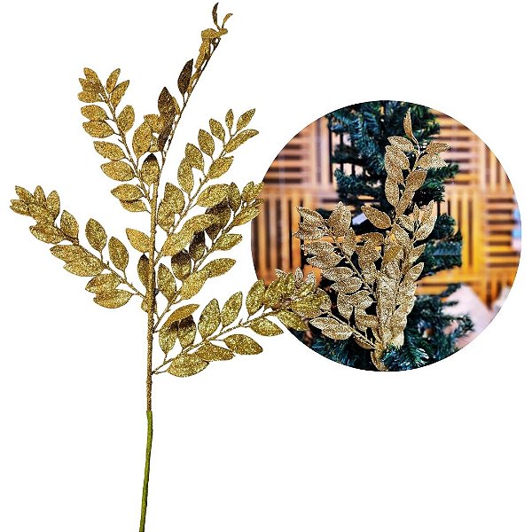 Galho Haste Folhagem Natalina Decorativa Dourado Glitter Brilhante 45cm - Bela Flor